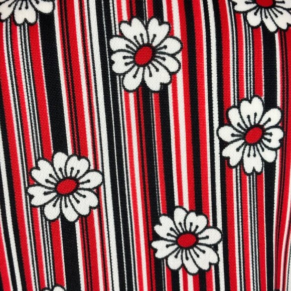 Vintage 70s Floral Print Top Women's Medium Red Black Daisies Stripes Blouse - Picture 3 of 11